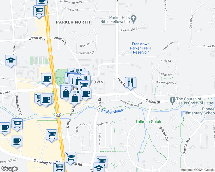 map of restaurants, bars, coffee shops, grocery stores, and more near 10880 Bayfield Way in Parker