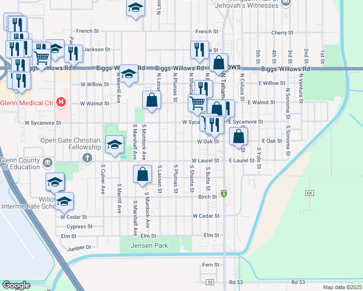 map of restaurants, bars, coffee shops, grocery stores, and more near 200 South Plumas Street in Willows