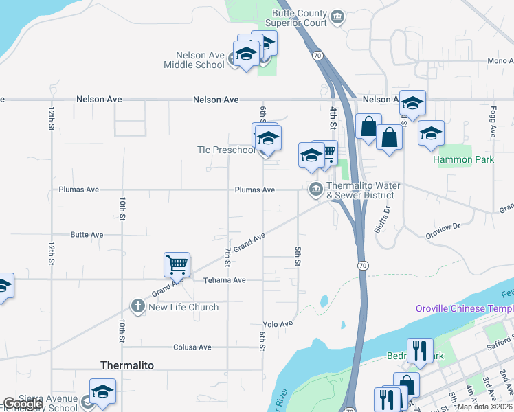 map of restaurants, bars, coffee shops, grocery stores, and more near 1963 6th Street in Oroville