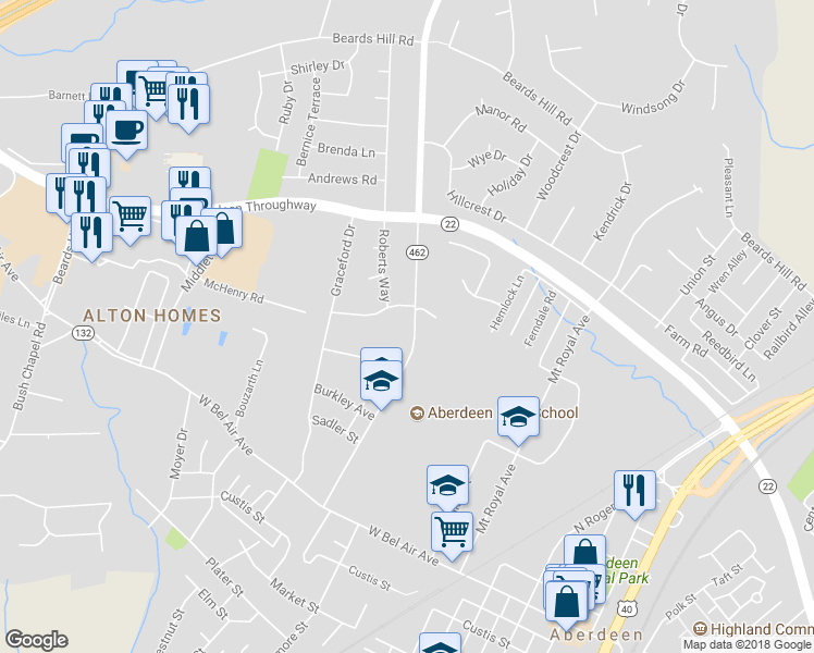 map of restaurants, bars, coffee shops, grocery stores, and more near 286 Paradise Road in Aberdeen