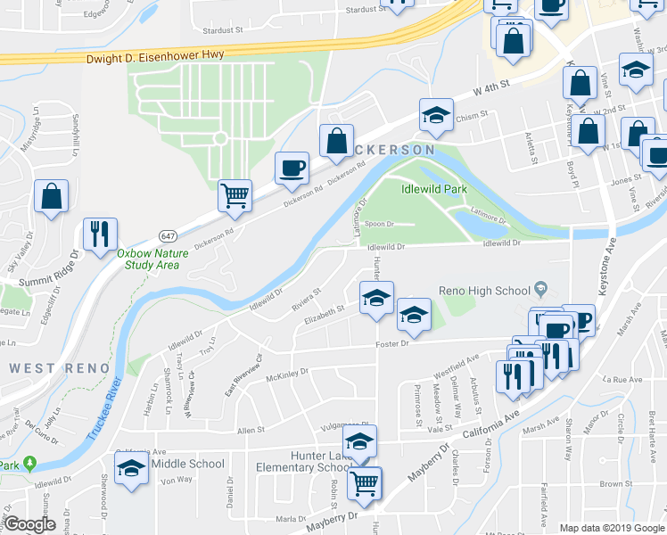map of restaurants, bars, coffee shops, grocery stores, and more near 2161 Riviera Street in Reno