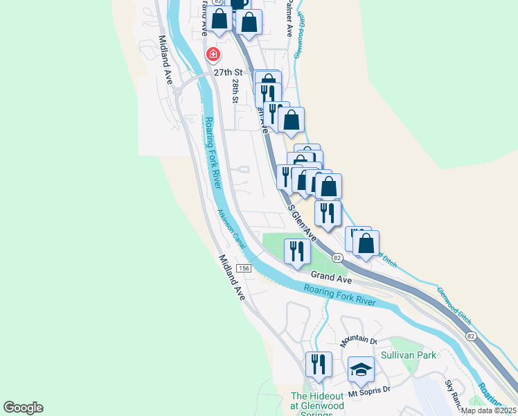 map of restaurants, bars, coffee shops, grocery stores, and more near 405 32nd Street in Glenwood Springs