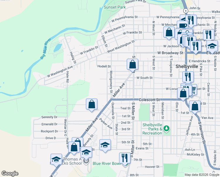 map of restaurants, bars, coffee shops, grocery stores, and more near 705 Montgomery Street in Shelbyville