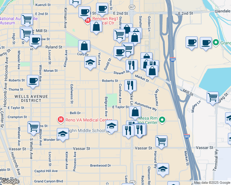 map of restaurants, bars, coffee shops, grocery stores, and more near 690 Lester Avenue in Reno