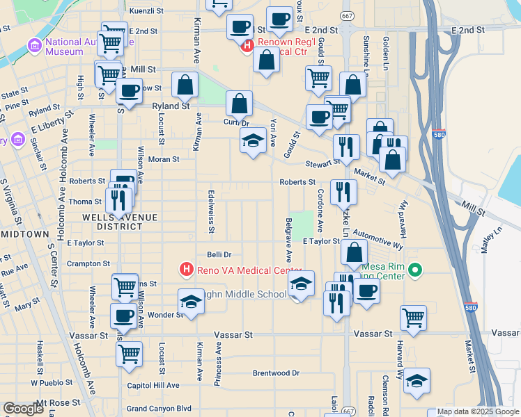 map of restaurants, bars, coffee shops, grocery stores, and more near 720 Bates Avenue in Reno