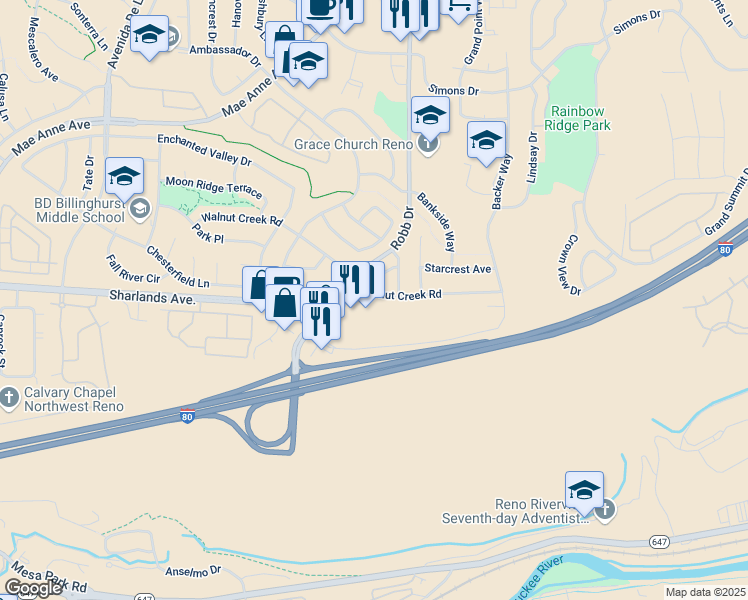 map of restaurants, bars, coffee shops, grocery stores, and more near 6092 Walnut Creek Road in Reno