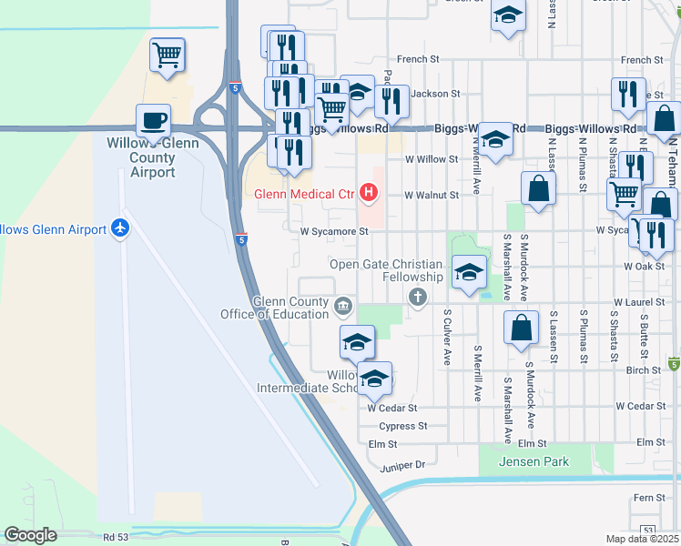 map of restaurants, bars, coffee shops, grocery stores, and more near 7 Donnie Lane in Willows