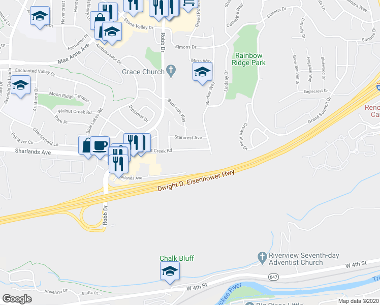 map of restaurants, bars, coffee shops, grocery stores, and more near 5878 Walnut Creek Road in Reno