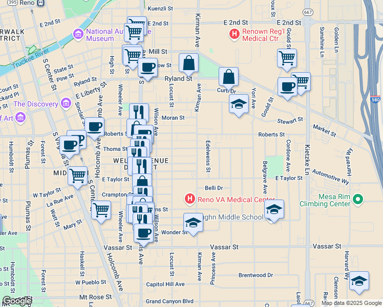 map of restaurants, bars, coffee shops, grocery stores, and more near 646 Thoma St in Reno