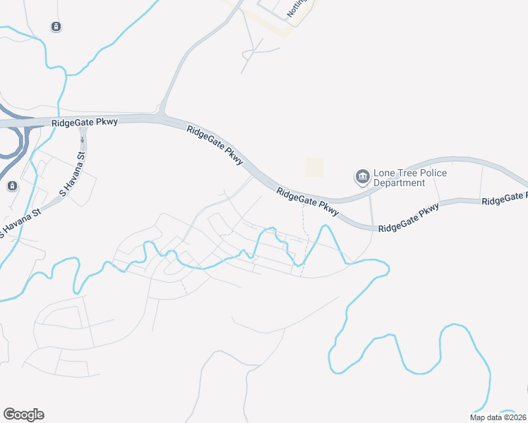 map of restaurants, bars, coffee shops, grocery stores, and more near RidgeGate Parkway in Parker