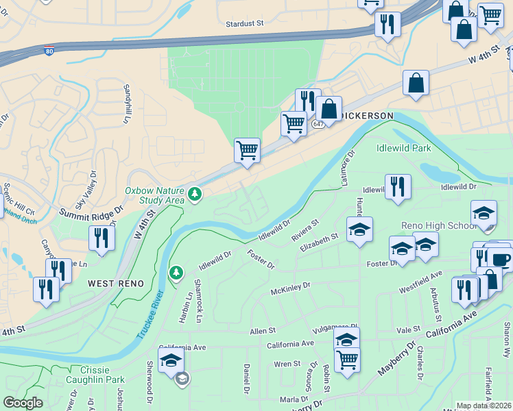 map of restaurants, bars, coffee shops, grocery stores, and more near 290 Mark Jeffrey Lane in Reno
