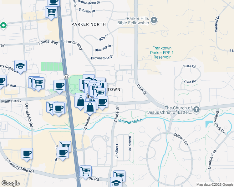 map of restaurants, bars, coffee shops, grocery stores, and more near 10854 Summerset Way in Parker
