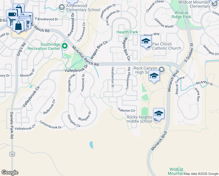 map of restaurants, bars, coffee shops, grocery stores, and more near 10854 Heatherton Circle in Littleton