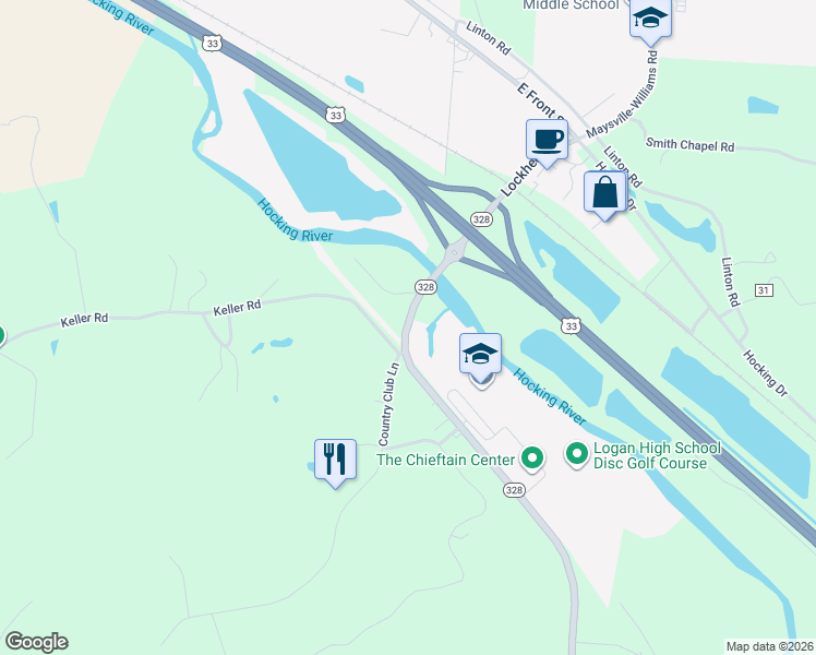 map of restaurants, bars, coffee shops, grocery stores, and more near 14470 Ohio 328 in Logan