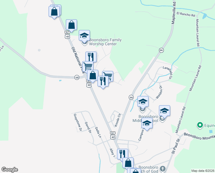 map of restaurants, bars, coffee shops, grocery stores, and more near 700 Chase 6 Boulevard in Boonsboro
