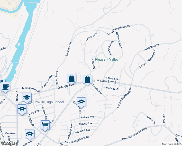 map of restaurants, bars, coffee shops, grocery stores, and more near Acacia Avenue in Oroville