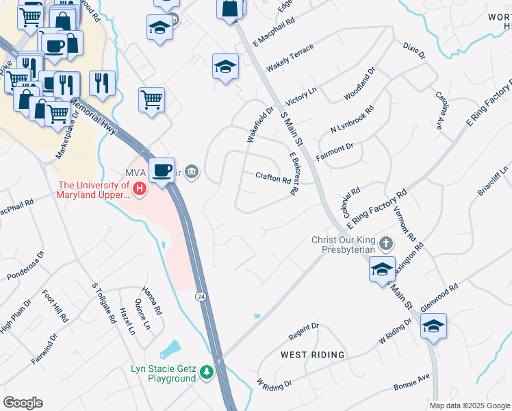 map of restaurants, bars, coffee shops, grocery stores, and more near 314 East Belcrest Road in Bel Air