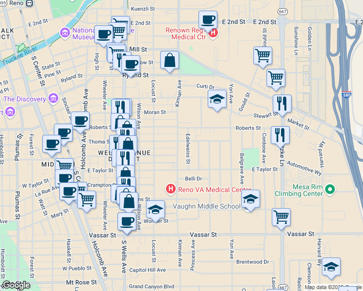 map of restaurants, bars, coffee shops, grocery stores, and more near 720 Edelweiss Street in Reno