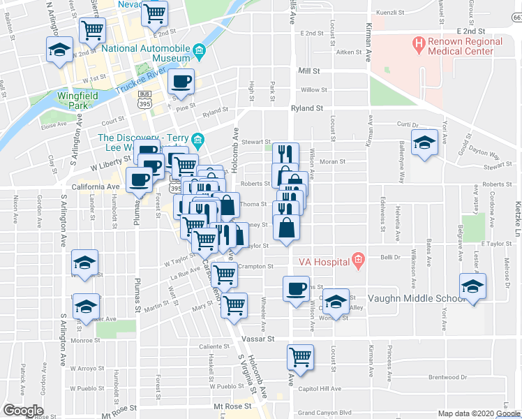 map of restaurants, bars, coffee shops, grocery stores, and more near 715 Wheeler Avenue in Reno