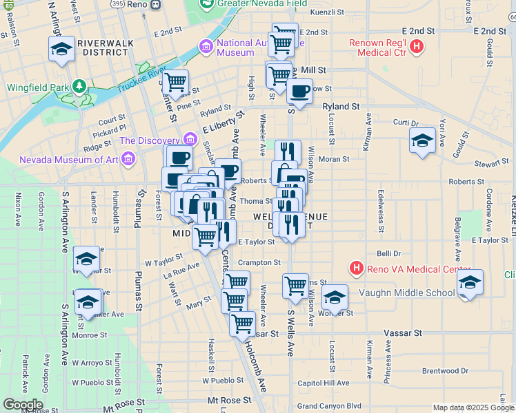 map of restaurants, bars, coffee shops, grocery stores, and more near 715 Wheeler Avenue in Reno