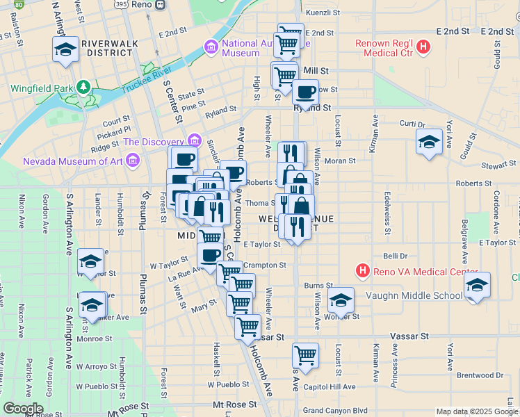 map of restaurants, bars, coffee shops, grocery stores, and more near 715 Wheeler Avenue in Reno