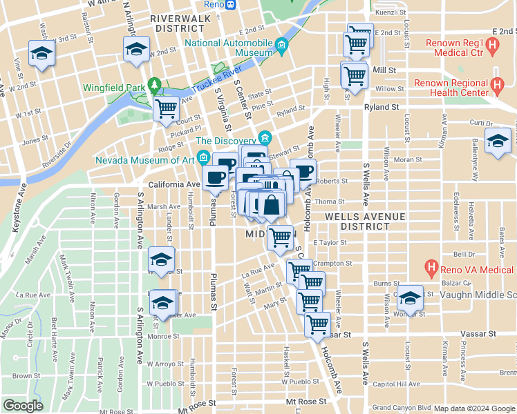 map of restaurants, bars, coffee shops, grocery stores, and more near 704b South Virginia Street in Reno