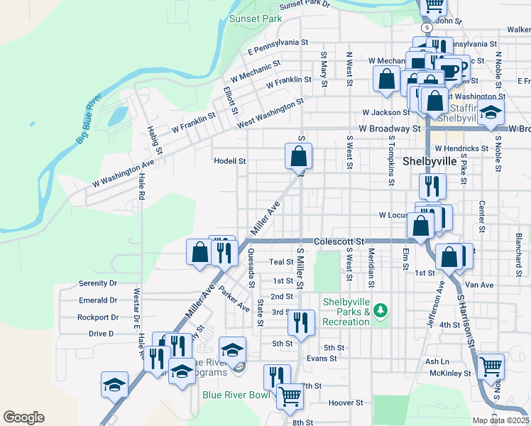 map of restaurants, bars, coffee shops, grocery stores, and more near 631 West Locust Street in Shelbyville