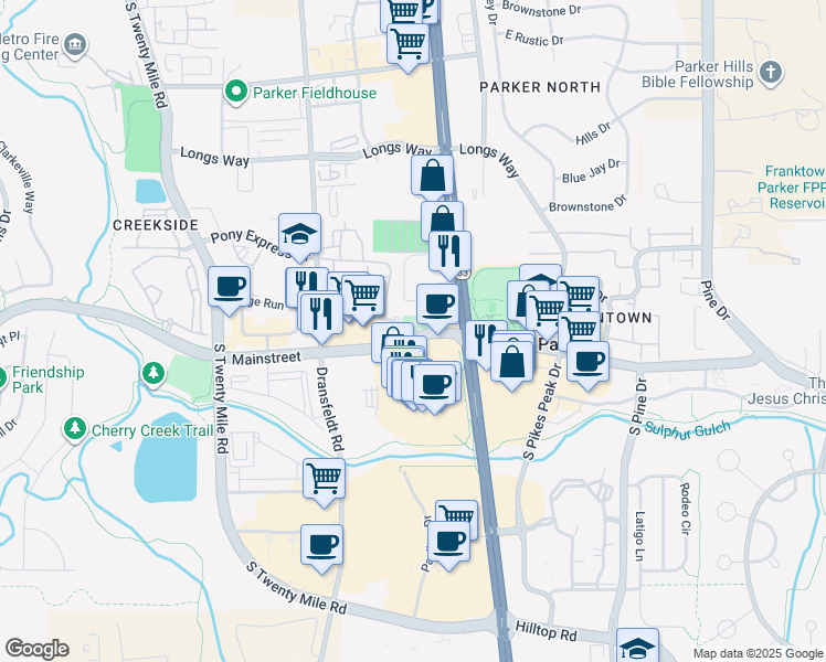 map of restaurants, bars, coffee shops, grocery stores, and more near 18995 Mainstreet in Parker