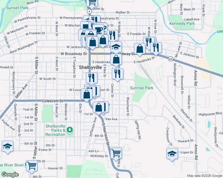 map of restaurants, bars, coffee shops, grocery stores, and more near 636 South Pike Street in Shelbyville