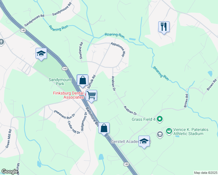 map of restaurants, bars, coffee shops, grocery stores, and more near 2012 Arabian Drive in Finksburg