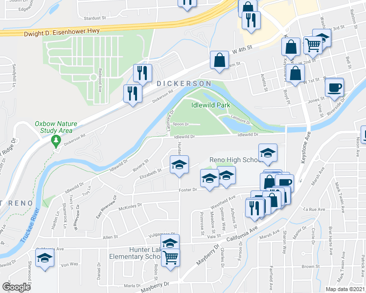 map of restaurants, bars, coffee shops, grocery stores, and more near 98 Hunter Lake Drive in Reno