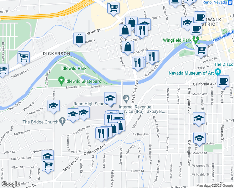 map of restaurants, bars, coffee shops, grocery stores, and more near 115 Booth Street in Reno