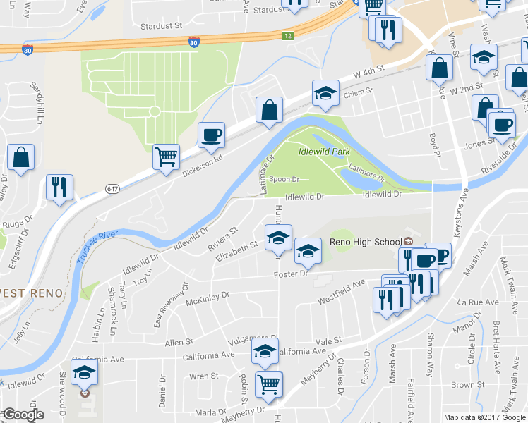 map of restaurants, bars, coffee shops, grocery stores, and more near 1415 Samuel Way in Reno