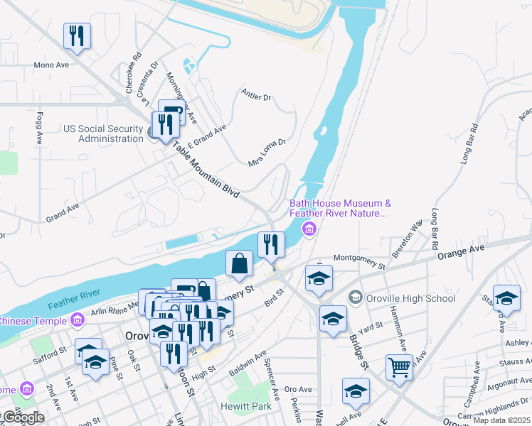 map of restaurants, bars, coffee shops, grocery stores, and more near Table Mountain Boulevard & Riverview Terrace in Oroville