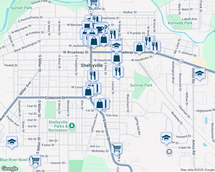 map of restaurants, bars, coffee shops, grocery stores, and more near 636 South Pike Street in Shelbyville