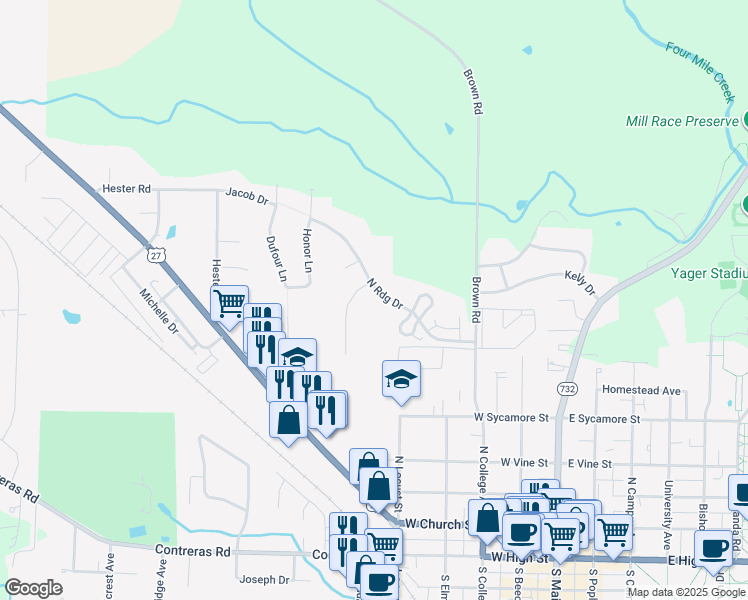 map of restaurants, bars, coffee shops, grocery stores, and more near 205 Northridge Drive in Oxford
