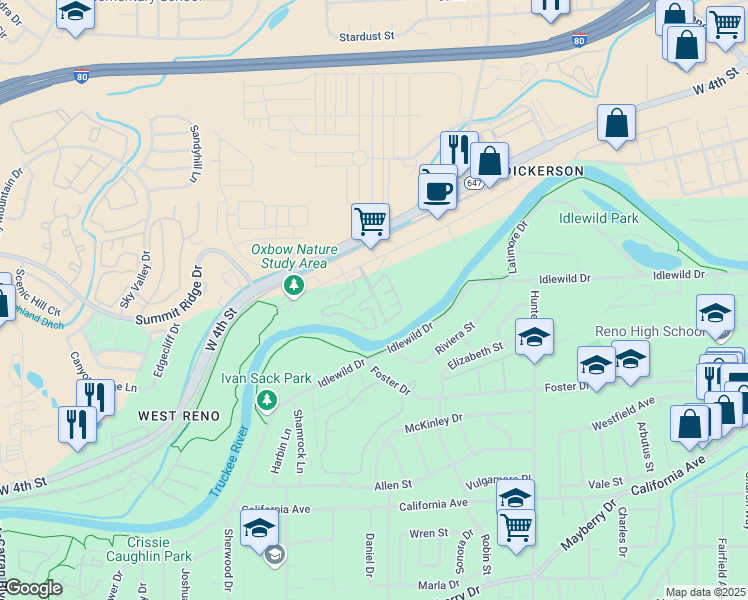 map of restaurants, bars, coffee shops, grocery stores, and more near 290 Mark Jeffrey Lane in Reno