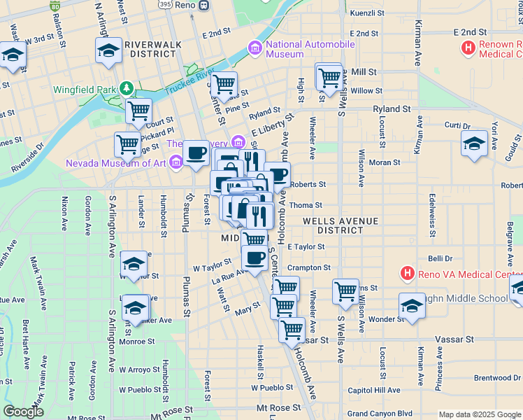 map of restaurants, bars, coffee shops, grocery stores, and more near in Reno