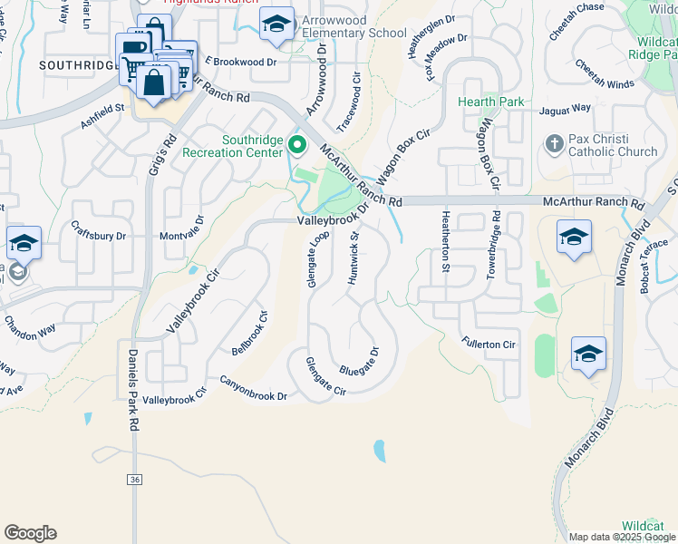 map of restaurants, bars, coffee shops, grocery stores, and more near 10776 Glengate Circle in Littleton