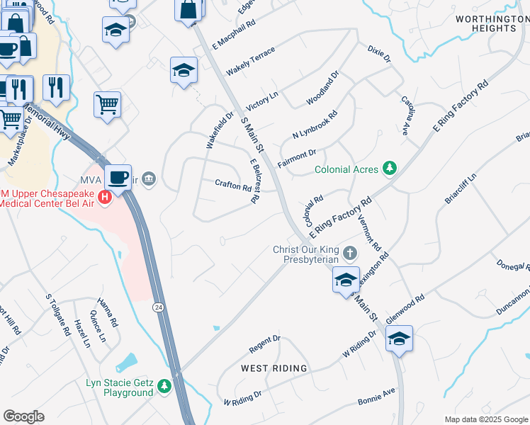 map of restaurants, bars, coffee shops, grocery stores, and more near 6 Forest Drive in Bel Air