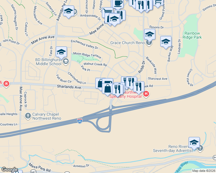 map of restaurants, bars, coffee shops, grocery stores, and more near 6290 Chesterfield Lane in Reno