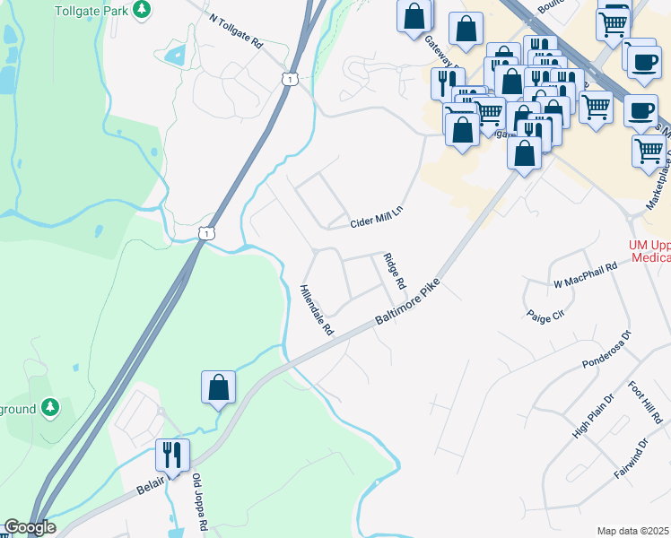 map of restaurants, bars, coffee shops, grocery stores, and more near 202 Highland Rd in Bel Air