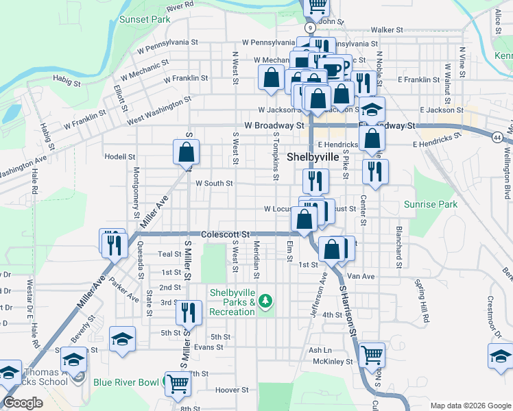 map of restaurants, bars, coffee shops, grocery stores, and more near 238 West Locust Street in Shelbyville