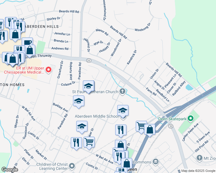 map of restaurants, bars, coffee shops, grocery stores, and more near 226 Red Robin Alley in Aberdeen