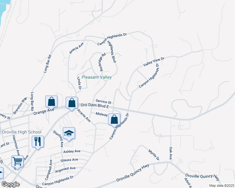 map of restaurants, bars, coffee shops, grocery stores, and more near 48 Valley View Drive in Oroville