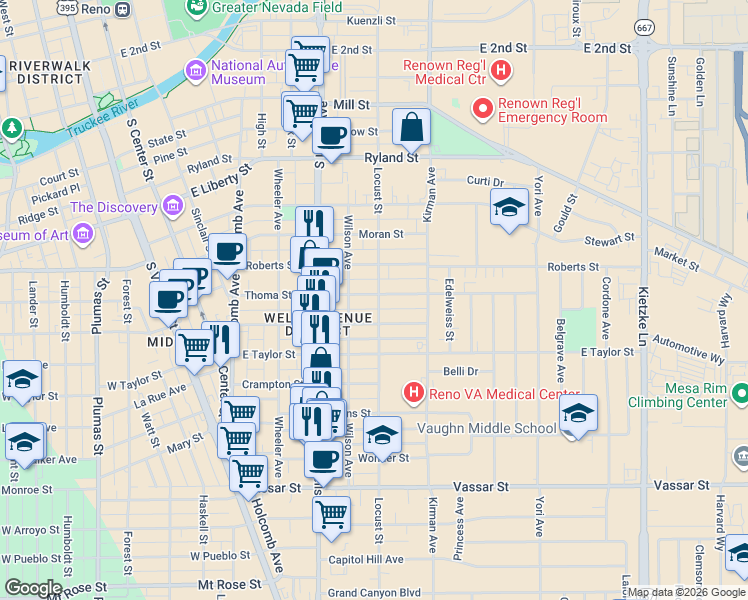map of restaurants, bars, coffee shops, grocery stores, and more near 700 Locust Street in Reno