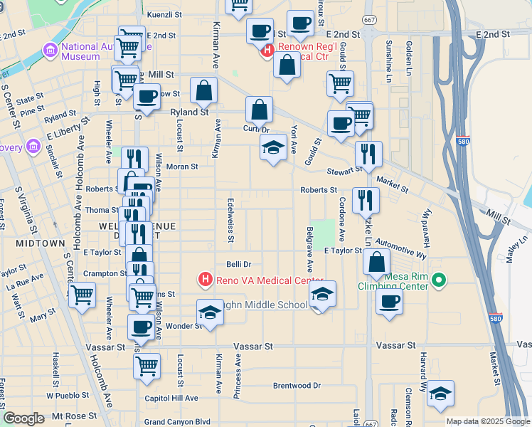 map of restaurants, bars, coffee shops, grocery stores, and more near 701 Wilkinson Avenue in Reno
