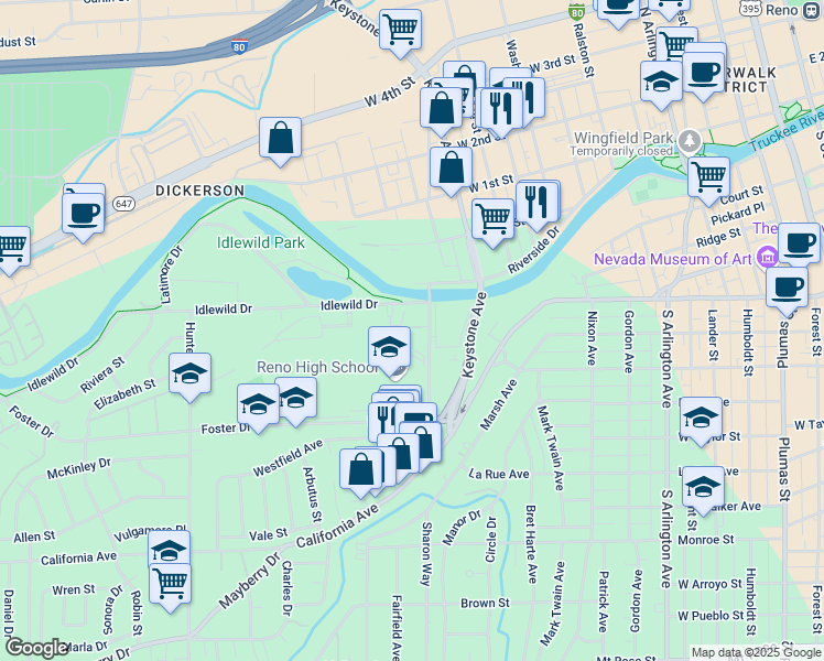 map of restaurants, bars, coffee shops, grocery stores, and more near 115 Booth Street in Reno