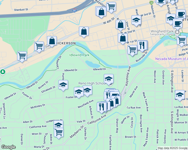 map of restaurants, bars, coffee shops, grocery stores, and more near 1450 Idlewild Drive in Reno