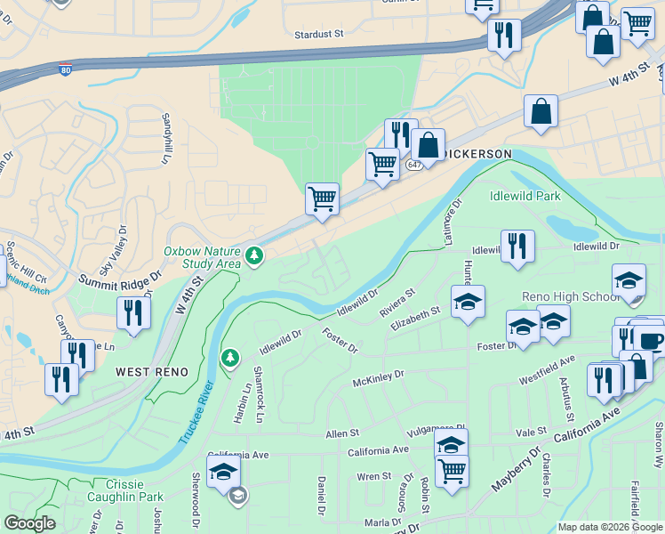 map of restaurants, bars, coffee shops, grocery stores, and more near 290 Mark Jeffrey Lane in Reno